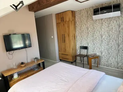 a bedroom with a bed and a tv on the wall at Rtanjska kućica in Boljevac