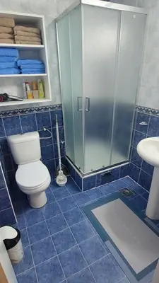 a bathroom with a toilet and a shower and a sink at Apartman 109 Vila Nikola in Kopaonik