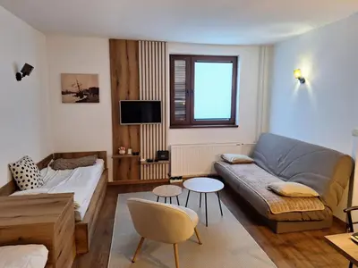 a living room with a couch and a table at Apartman 109 Vila Nikola in Kopaonik