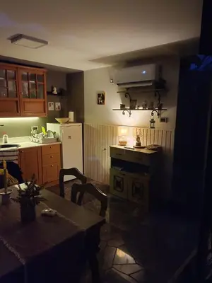 a kitchen with a table and a kitchen with a refrigerator at Domus in natura in Cerovak
