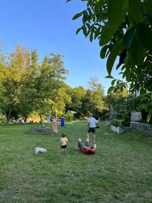 a group of people playing in a park with a dog at Domus in natura in Cerovak