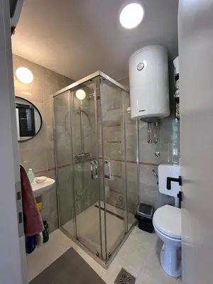 a bathroom with a shower and a toilet and a sink at Domus in natura in Cerovak