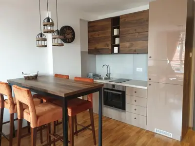 a kitchen with a table and chairs and a sink at Apartman Sofy Kraljevi Čardaci in Kopaonik