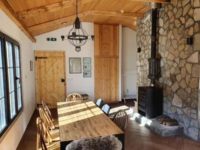 a dining room with a wooden table and a wood stove at Apartman TALIJA in Pirot