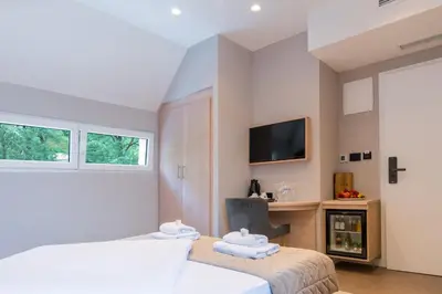 a bedroom with a bed and a tv on the wall at Emilia Lux Rooms in Vrnjačka Banja