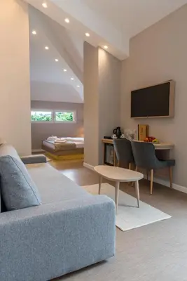a living room with a couch and a tv at Emilia Lux Rooms in Vrnjačka Banja