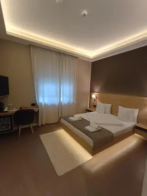 a bedroom with a bed and a desk with a television at Emilia Lux Rooms in Vrnjačka Banja
