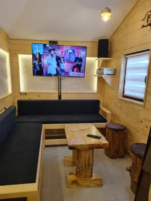 a room with a couch and a table and a tv at Garnet Star Apartments, Kopaonik, apartman broj 4 in Kopaonik