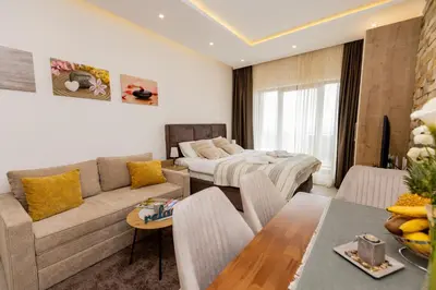 a living room with a couch and a bed at Apartman Stankovic Milmari Resort in Kopaonik