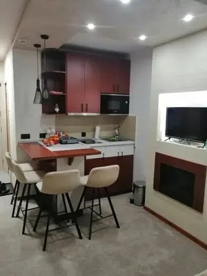 a kitchen with a table and chairs and a television at Tina Kop Apartments, Kopaonik in Kopaonik