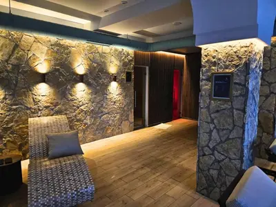 a lobby with a couch and a stone wall at Apartman Rastko-N Lux 32 Milmari in Kopaonik