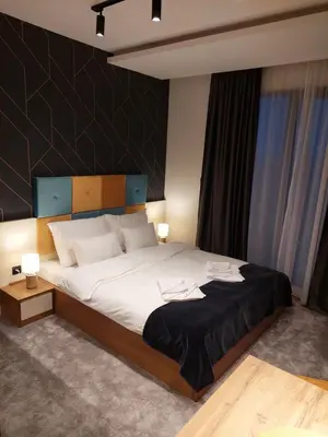 a bedroom with a large bed with a black headboard at Nela apartmani (u hotelu Djina) in Kopaonik