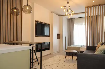 a living room with a couch and a table and a tv at Milmari Apartments Pahulja N Lux in Kopaonik