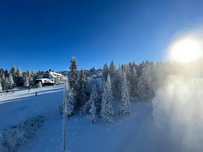 a ski lodge in the snow with snow covered trees at Woodside Story in Kopaonik