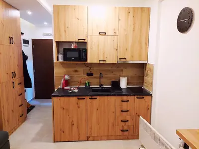 a kitchen with wooden cabinets and a sink at Nest studio Milmari Kopaonik in Kopaonik