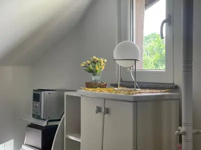 a kitchen with a counter with a microwave and flowers on it at APARTMAN Pahuljica in Kruševac