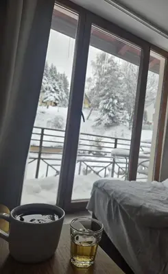 a glass of drink on a table in front of a window at Kopaonik Milmari & Spa N Lux 90 in Kopaonik
