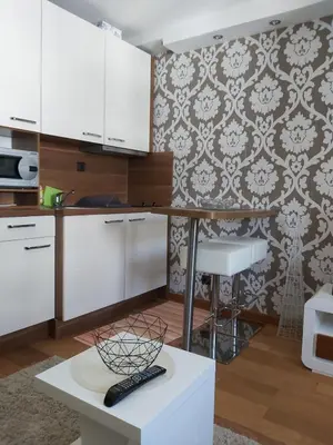 a kitchen with white cabinets and a remote control on a table at MR. O Apartments Kopaonik in Kopaonik
