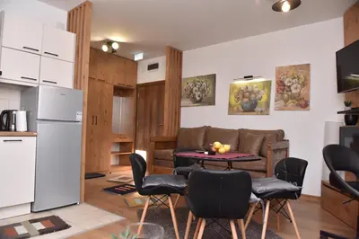a kitchen and living room with a table and chairs at Start Apartments LUX KOPAONIK in Kopaonik