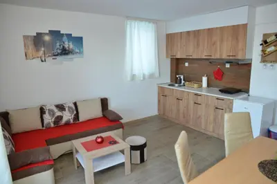 a living room with a couch and a kitchen at Apartmani Moskva in Kopaonik