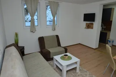 a living room with a couch and a chair and a table at Apartmani Moskva in Kopaonik
