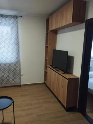 a living room with a tv and a wooden entertainment center at Sunčana Planina Kopaonik in Kopaonik