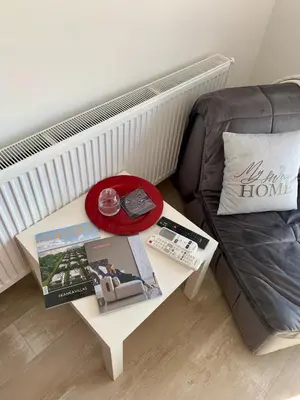 a living room with a couch and a coffee table at Apartman-Stefanovic in Vranje