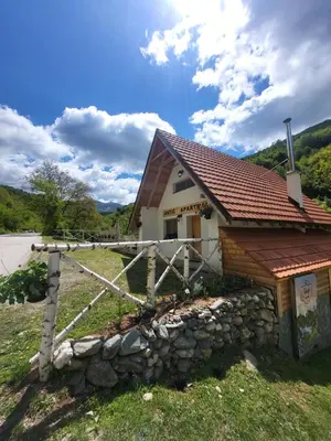 a small house with a stone fence in front of it at Antić apartmani Stara planina in Crni Vrh