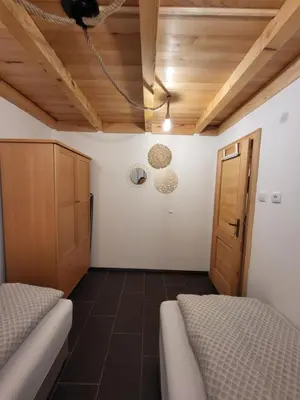 a bedroom with two beds and a wooden ceiling at Antić apartmani Stara planina in Crni Vrh