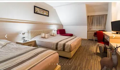 a hotel room with two beds and a desk at Angella Kopaonik in Kopaonik