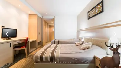 a hotel room with a bed and a desk with a tv at Angella Kopaonik in Kopaonik