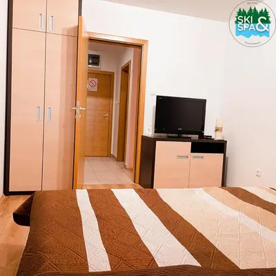a bedroom with a bed and a flat screen tv at SKI & SPA Apartment in ZONED in Kopaonik