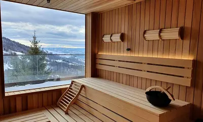 a sauna with a bench and a large window at SKI & SPA Apartment in ZONED in Kopaonik