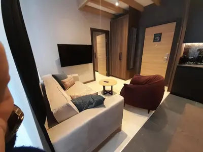 a living room with a white couch and a chair at Woodside Kopaonik AAC in Raška
