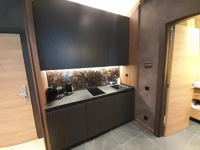a kitchen with a sink and a counter top at Woodside Kopaonik AAC in Raška