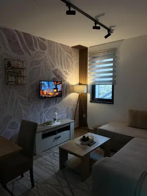 a living room with a couch and a tv on a wall at Gencian Resort KOPAONIK in Kopaonik