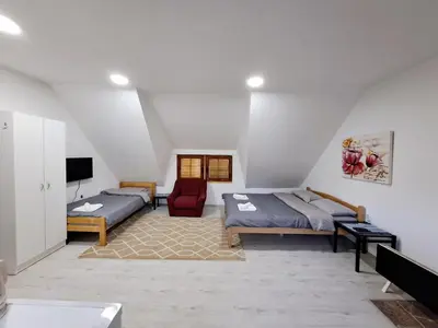 a attic bedroom with two beds and a chair at Apartmani LEON Brzeće/Apartmens LEON Brzece in Brzeće