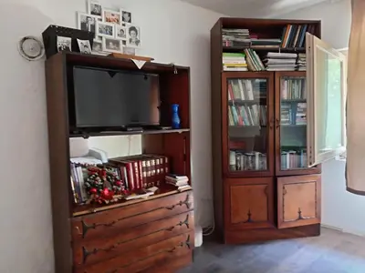 a living room with a television and a book shelf at Oko Jastrepca in Veliko Krušince