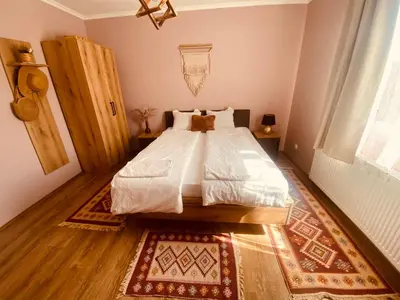 a bedroom with a bed and a window and a rug at Vila Vanilla in Donji Striževac