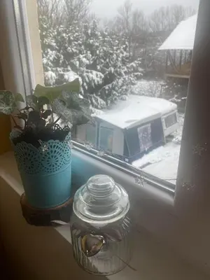 a window sill with a potted plant and a flower pot at Vila Vanilla in Donji Striževac