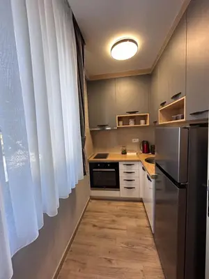 a kitchen with a stainless steel refrigerator and white cabinets at Apartman 3 - Vila Montana in Kopaonik