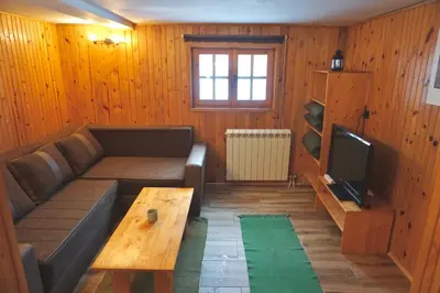 a living room with a couch and a table and a tv at Montana Apartment in Kopaonik