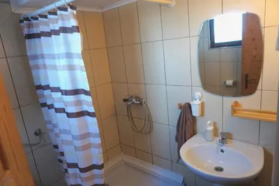 a bathroom with a sink and a mirror and a shower at Montana Apartment in Kopaonik