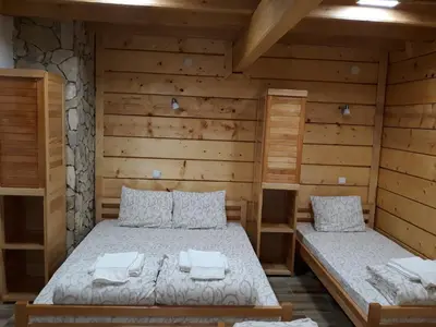two beds in a room with wooden walls at Vila Kula in Crni Vrh