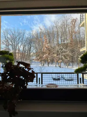 a view of a snow covered yard from a window at ROSA in Vrnjačka Banja