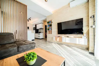 a living room with a couch and a tv at Vision apartmani Vrnjačka Banja in Vrnjačka Banja