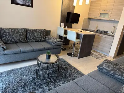 a living room with a couch and a table and a kitchen at Vila Kopaonik Apartmani Milenkovic in Kopaonik