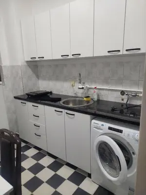 a kitchen with a washing machine and a sink at Comfort in Pirot