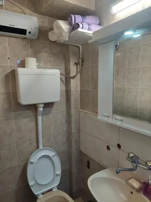 a small bathroom with a toilet and a sink at Comfort in Pirot