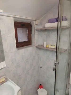 a bathroom with a shower and a sink and a toilet at ASTRA in Pirot